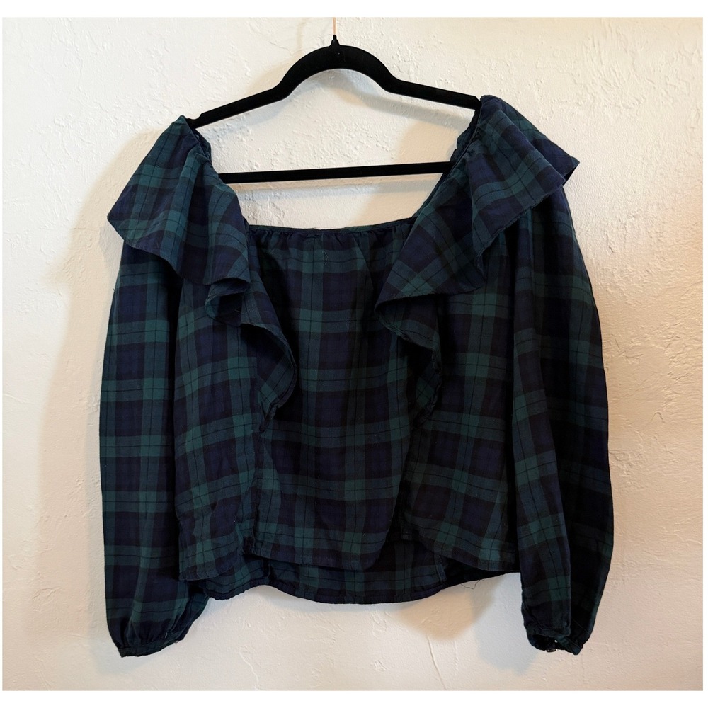 J.CREW Top Large Green Black Plaid Ruffle Off Shoulder L